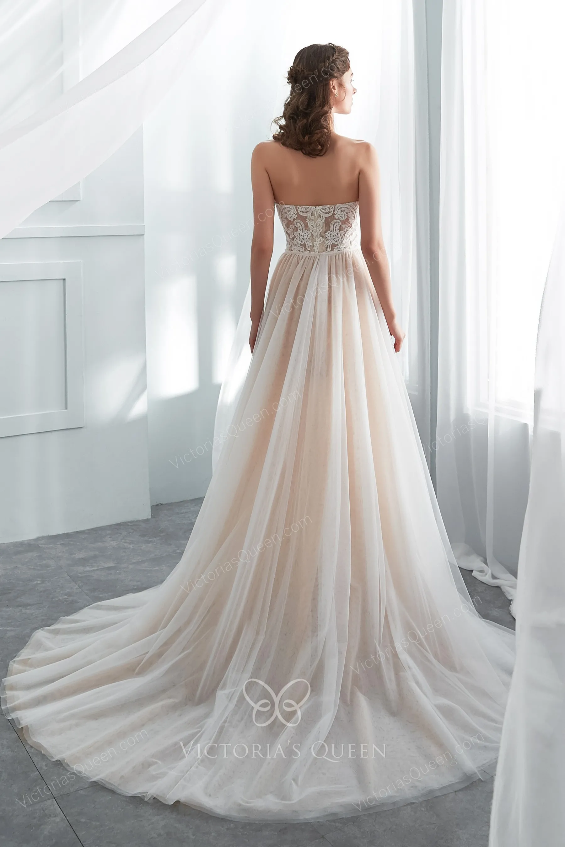 Champagne Lace Mermaid Wedding Gown with Tulle Overskirt - VQ