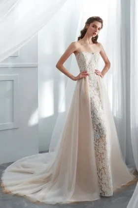 champagne lace tulle mermaid wedding gown with overskirt