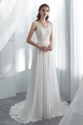 scalloped lace chiffon sleeveless a line beach bridal gown