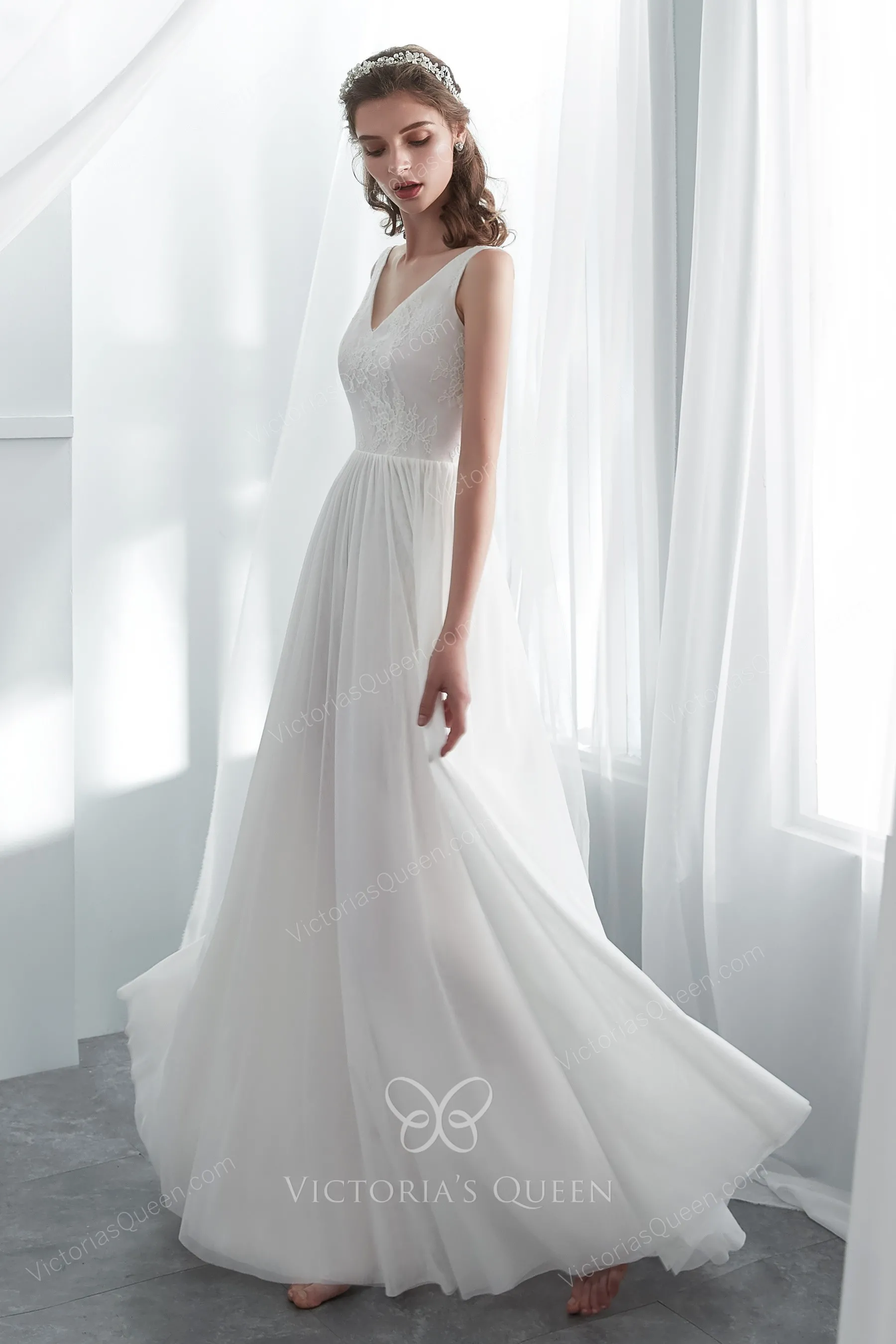Ethereal Tulle Beaded Wedding Gown with Deep V and Open Back - Ready To Ship