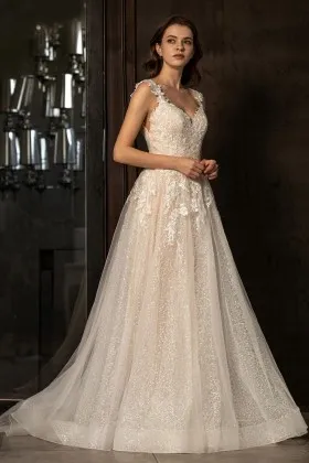 romantic sequin lace nude lining a line fall wedding dress