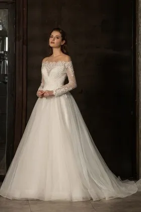 vintage off the shoulder beaded lace long sleeve bridal gown