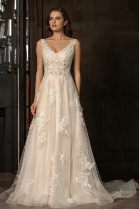 champagne lace appliqued v neck a line winter bridal dress