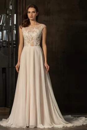 gorgeous beaded lace chiffon cap sleeve a line bridal gown