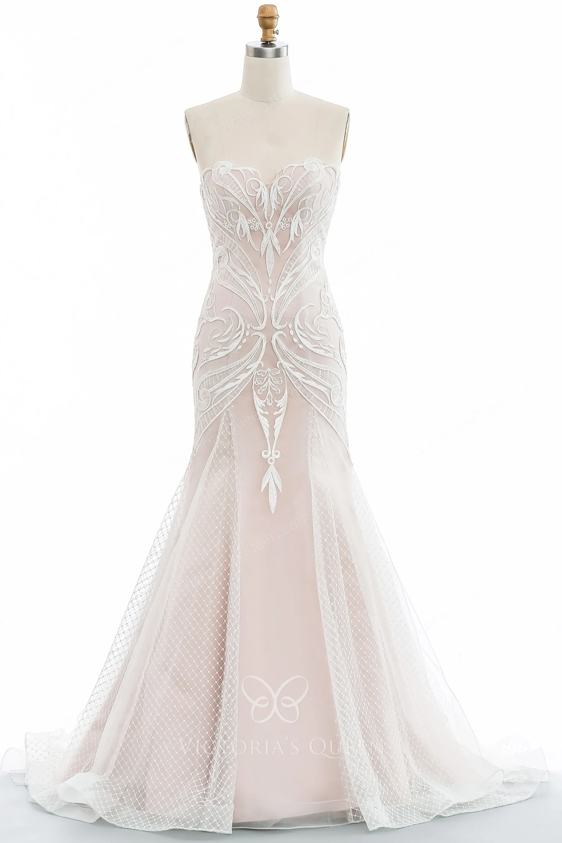 Amazing Nude Pink Geometric Lace Mermaid Winter Wedding Gown - VQ