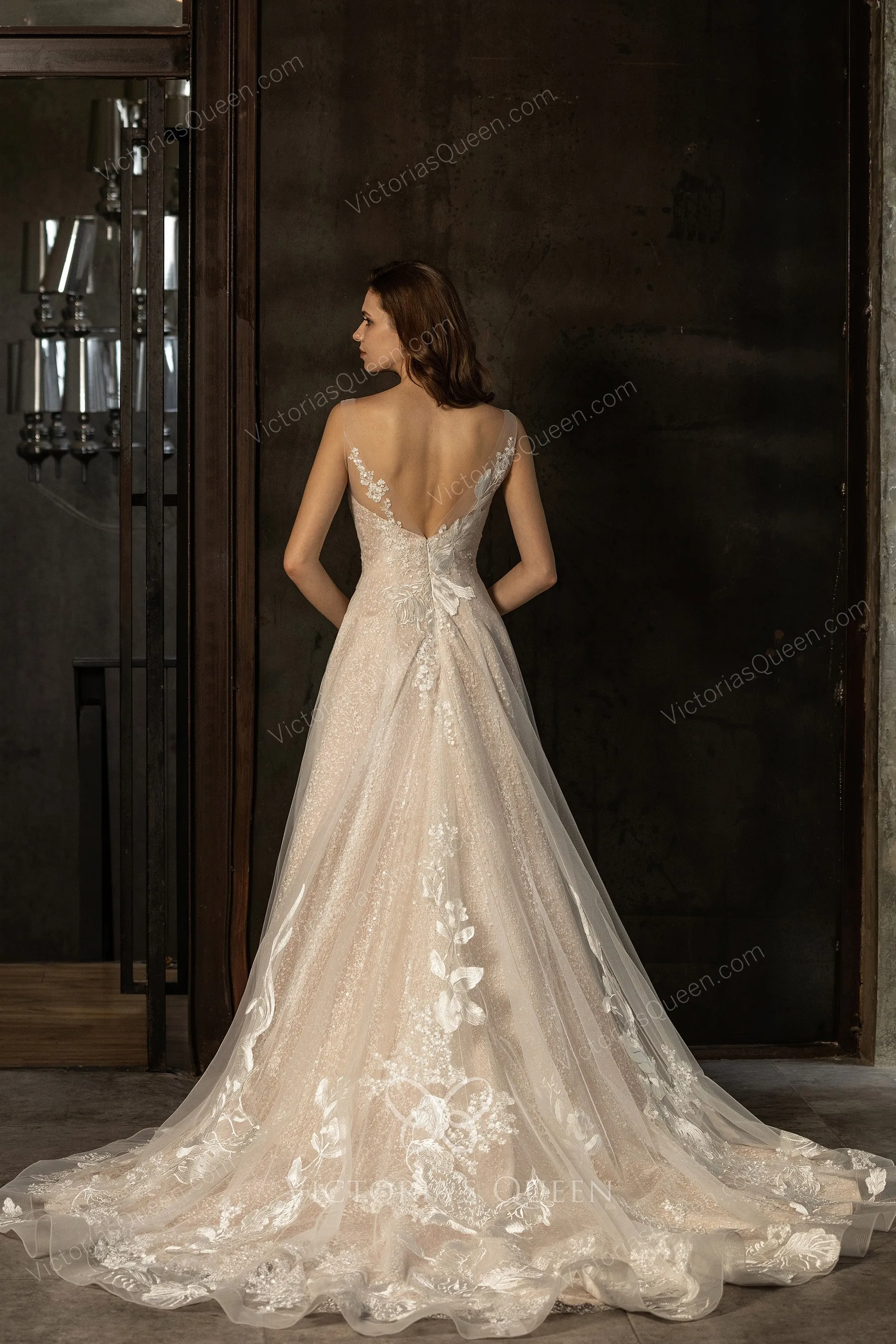 Sparkly Nude Pink Sequin Floral Lace Aline Wedding Dress VQ