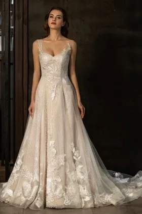 sparkly nude pink sequin floral lace a line wedding dress