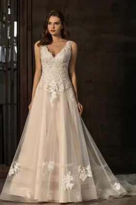 elegant pink nude lace tulle a line open back wedding gown
