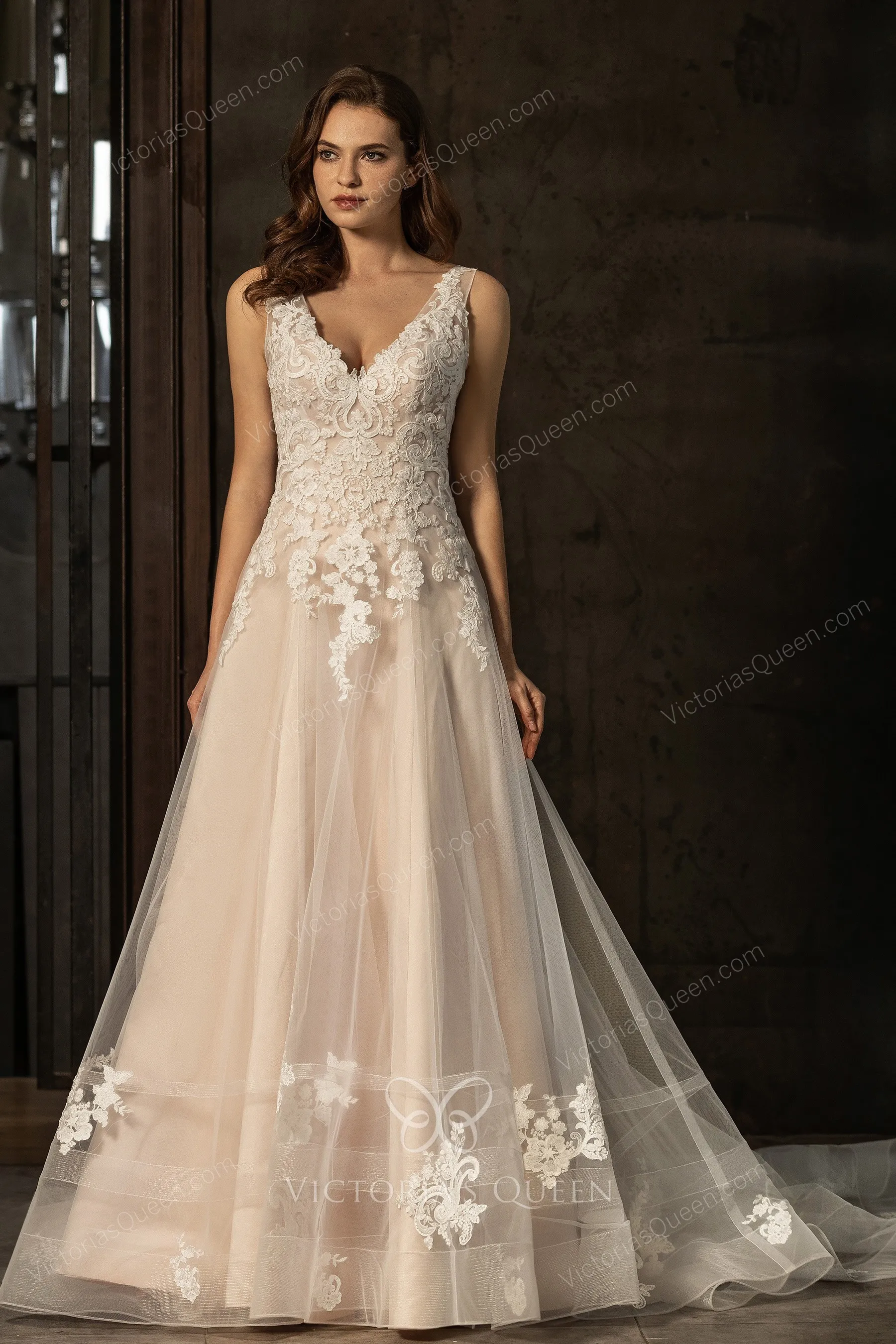 Elegant Pink Nude Lace & Tulle Aline Open Back Wedding Gown VQ