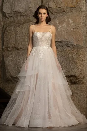 pink nude spaghetti strap dot tulle lace bridal ball gown