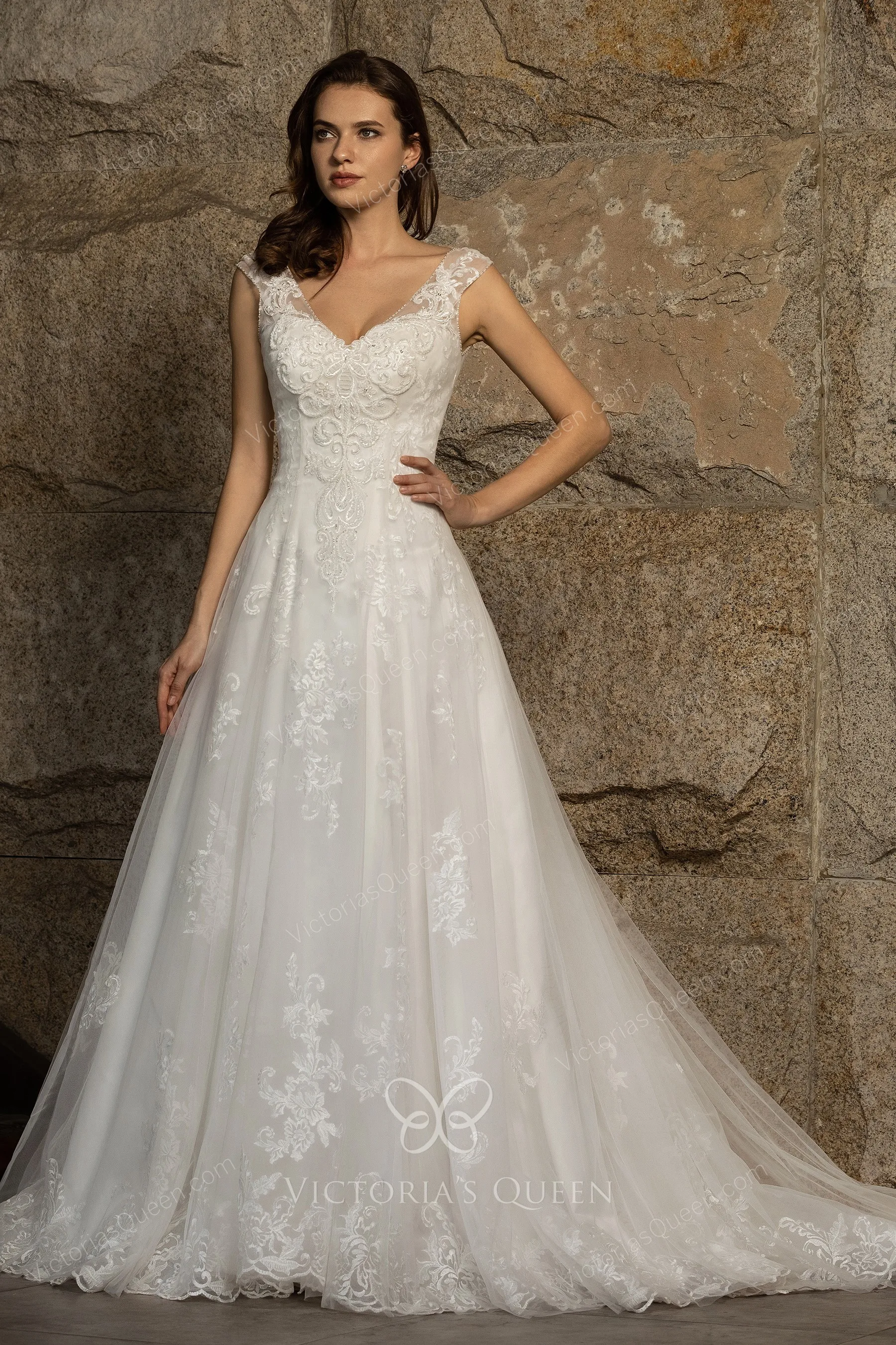 Elegant Beaded Lace & Tulle Cap Sleeve Aline Wedding Dress VQ