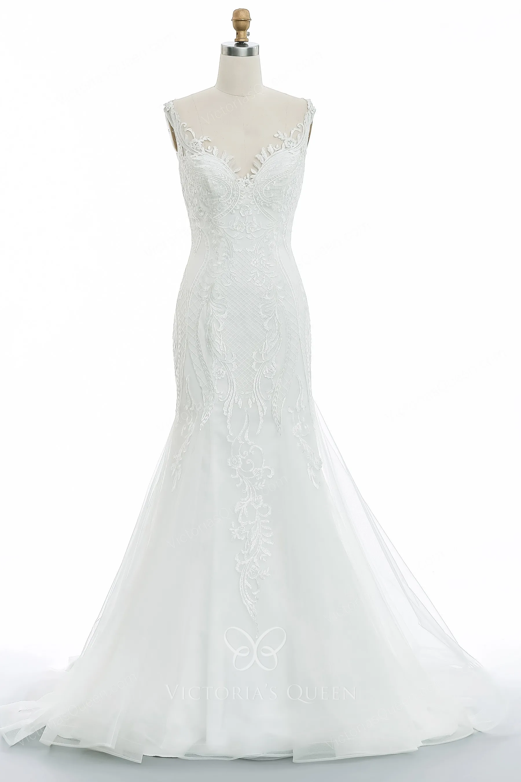 Geometirc Lace Tulle Off the shoulder Mermaid Wedding Gown VQ