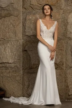 modern sequined lace satin v neck mermaid wedding gown