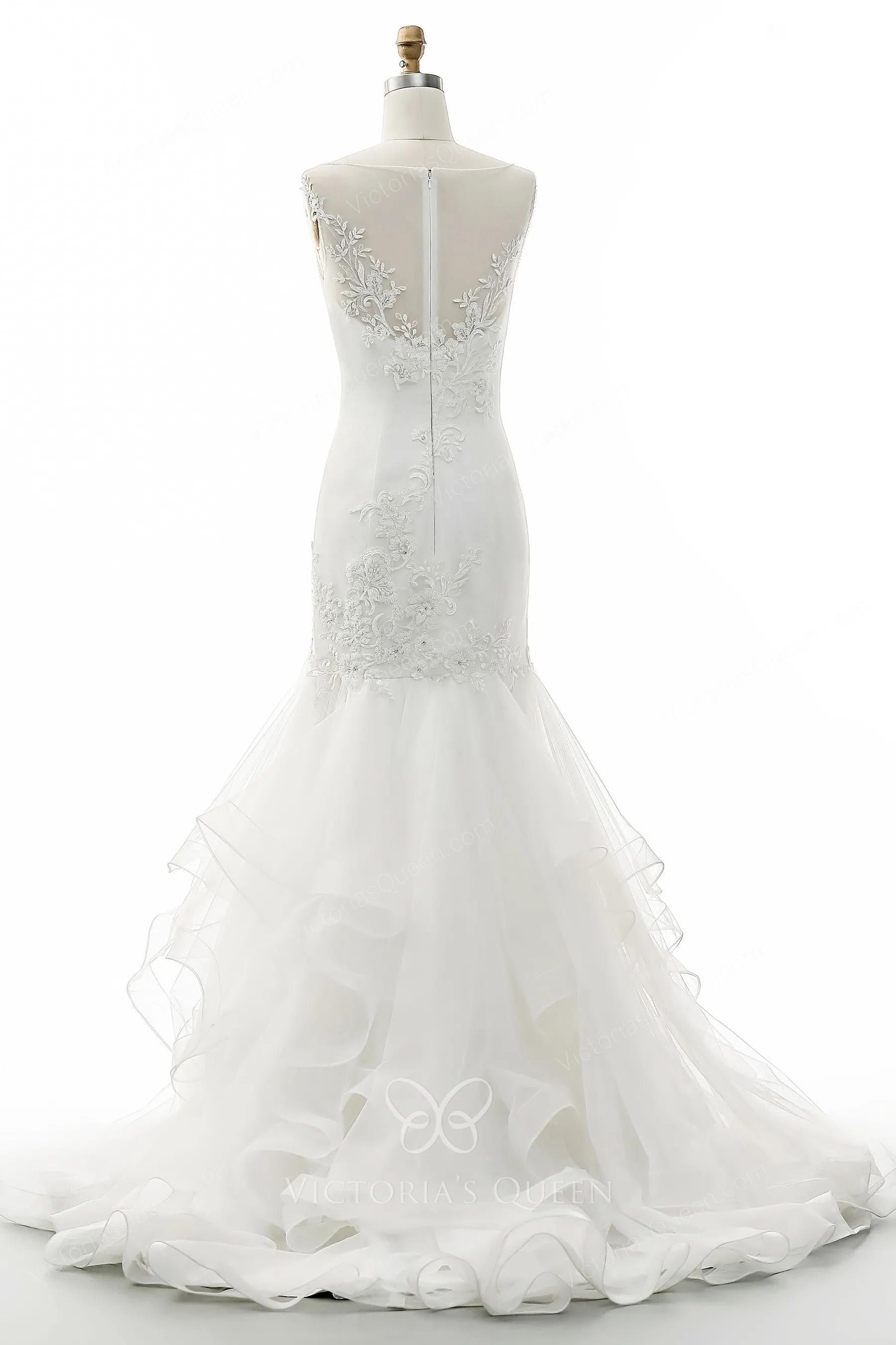 Exquisite Beaded Lace Tiered Tulle Mermaid Fall Wedding Gown - VQ