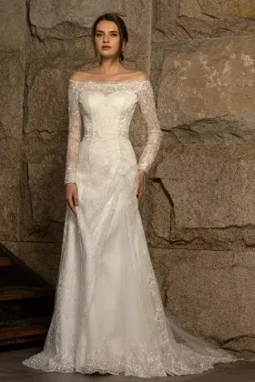 modest sequined lace overlay long sleeve winter bridal dress