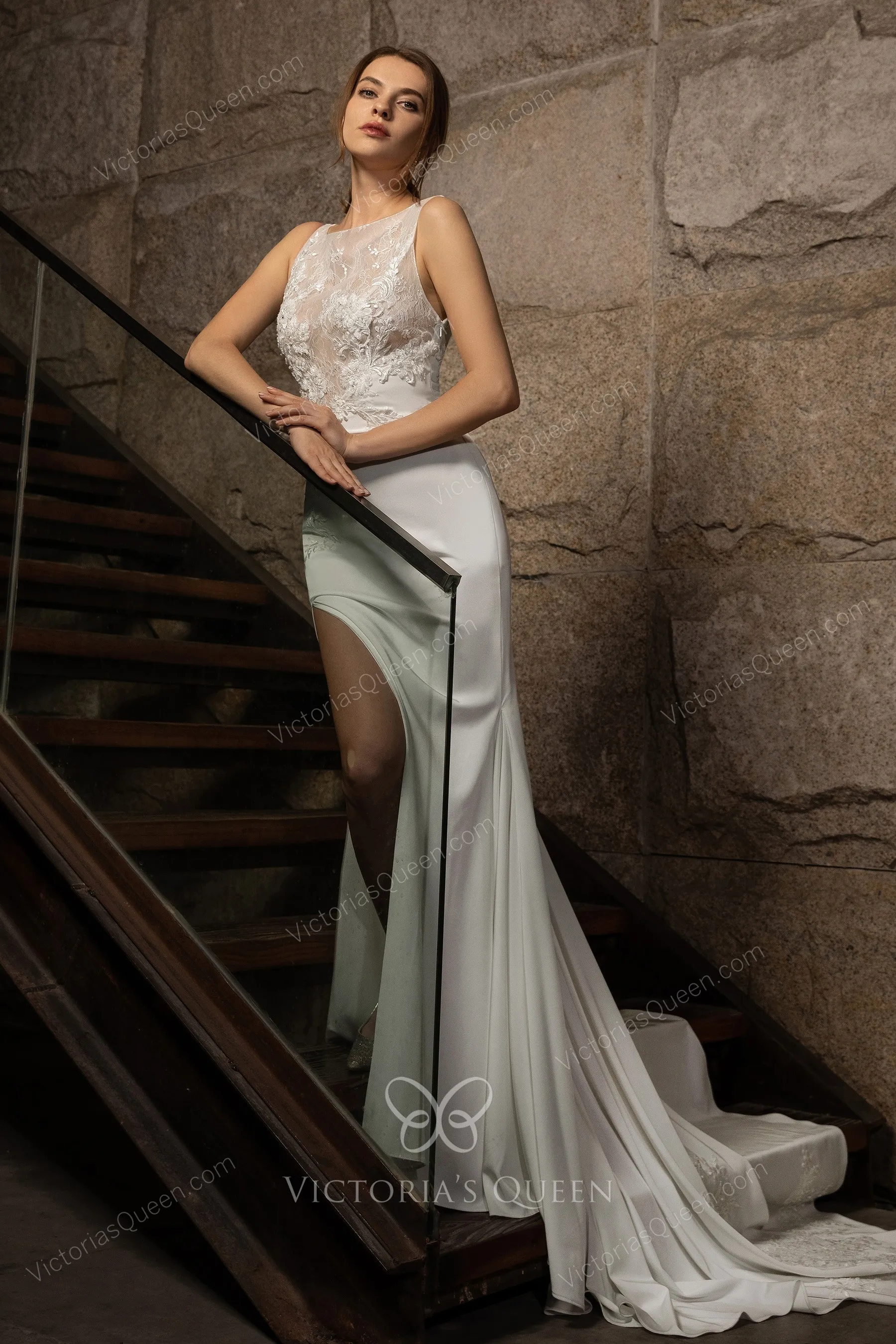 Seductive Illusion Beaded Lace & Satin Split Wedding Dress - VQ