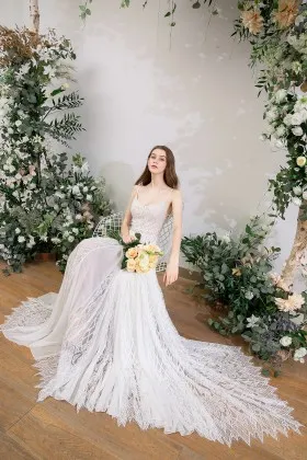 geometric pattern beige lace v neck bohemian bridal gown