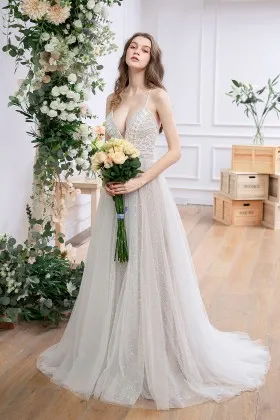 spaghetti strap v neck lace starry tulle boho bridal dress