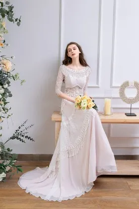 pearl pink tassels lace 34 sleeve bohemian bridal dress