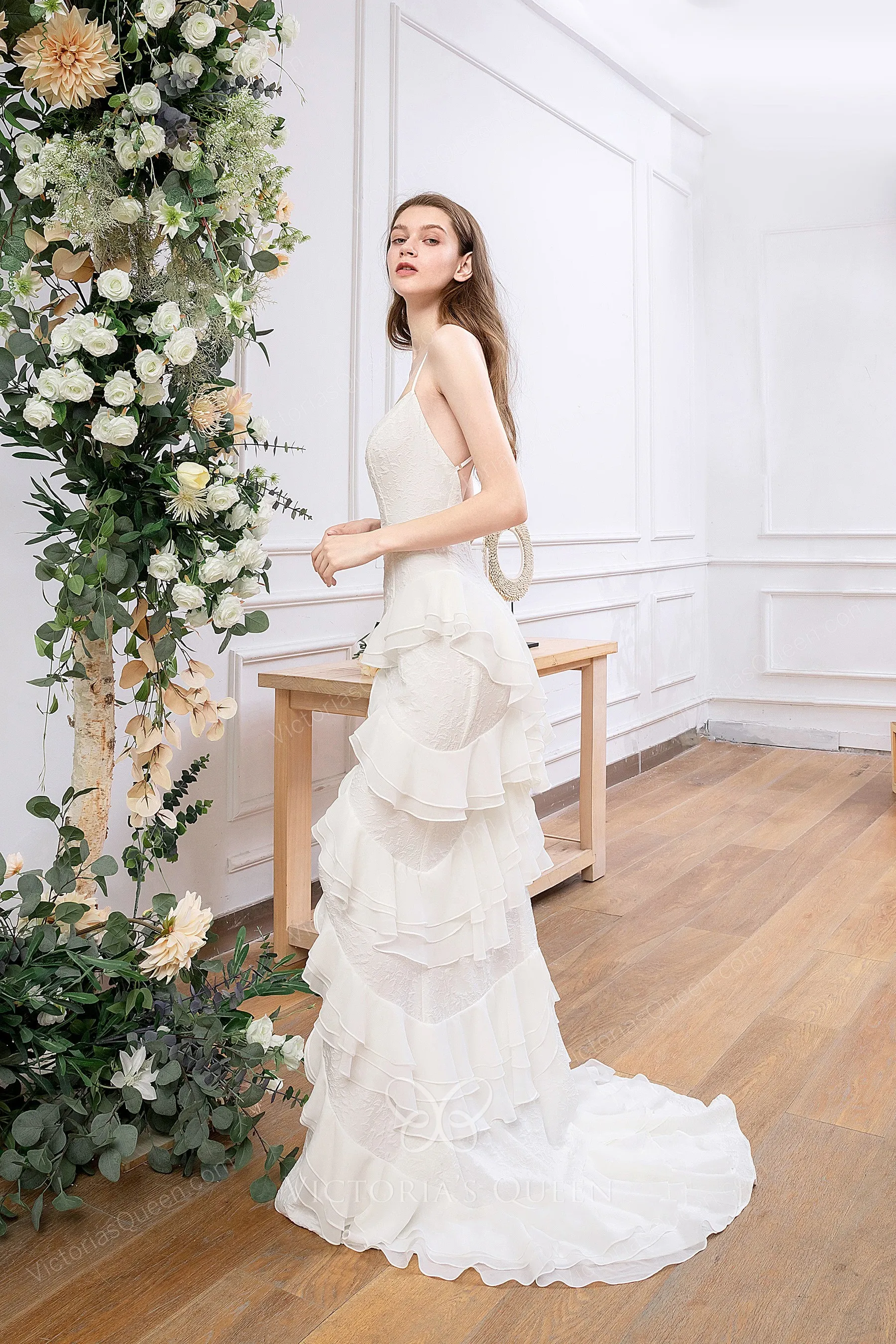 Fancy Tiered Ruffled Chiffon Sheath Spring Wedding Dress - VQ