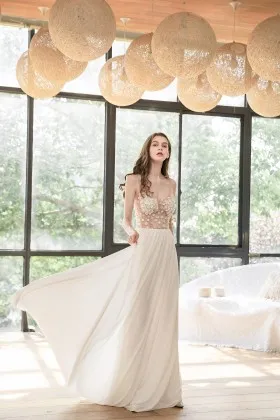 sexy beaded 3d flowers illusion chiffon long bridal dress