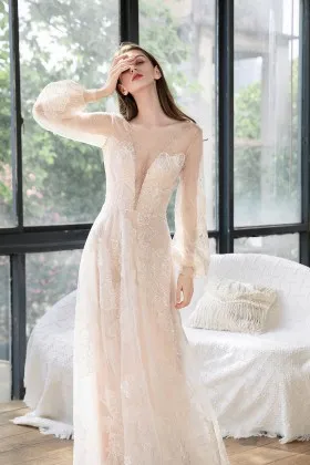 sexy plunging neck beaded nude floral lace wedding gown