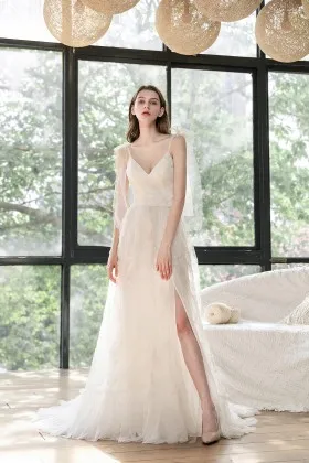 spaghetti strap v neck lace tulle slit casual wedding gown