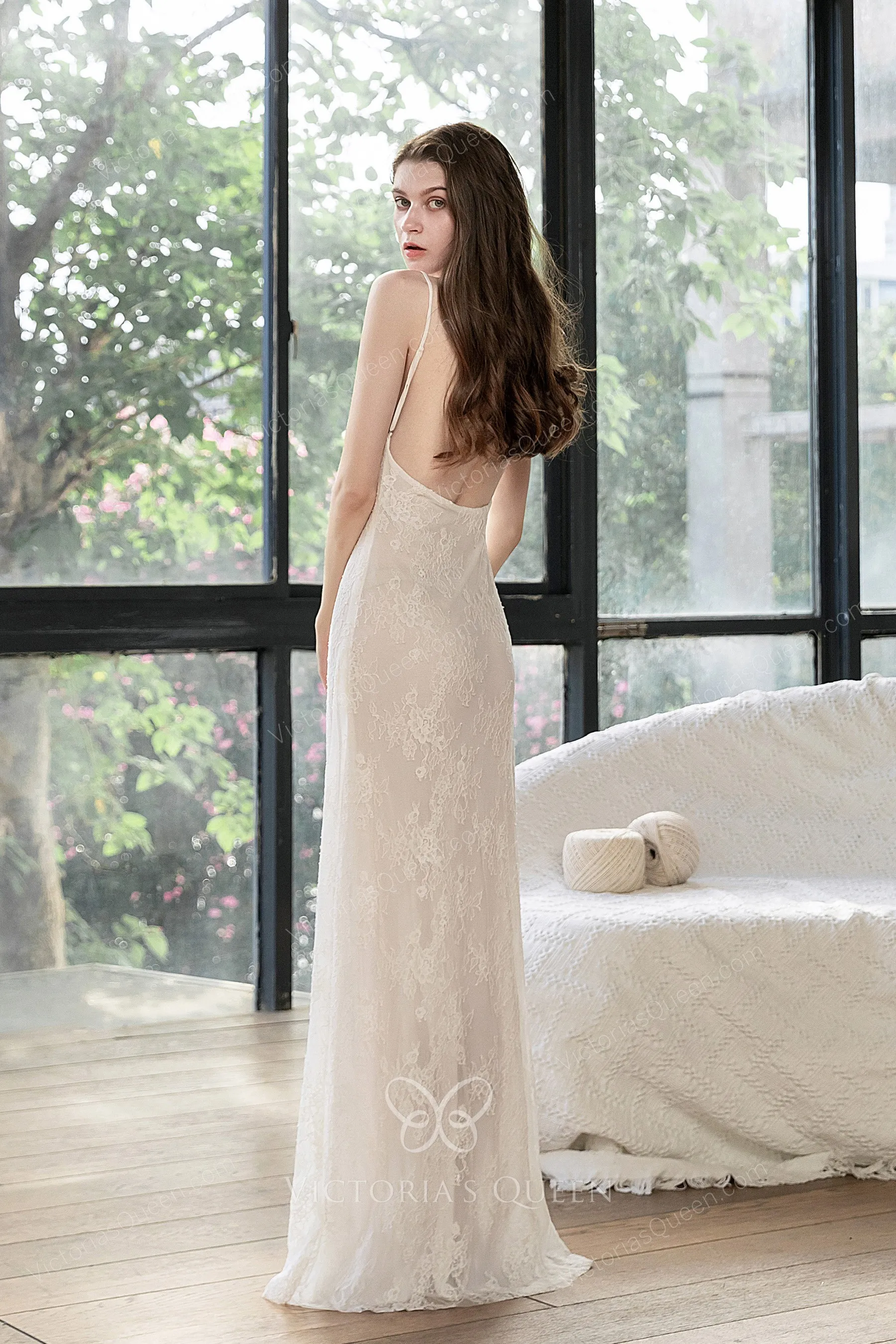 Ivory Lace Spaghetti Strap V-neck Sheath Boho Bridal Dress - VQ Ivory Lace Spaghetti Strap V-neck Sheath Boho Bridal Dress - VQ