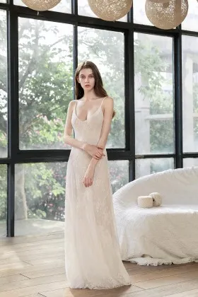 ivory lace spaghetti strap v neck sheath boho bridal dress