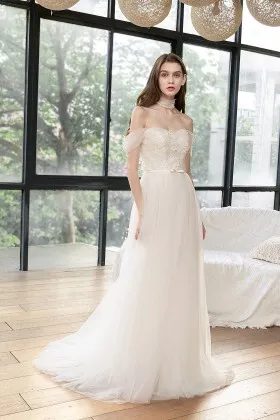 off shoulder choker neck lace tulle outdoor bridal dress