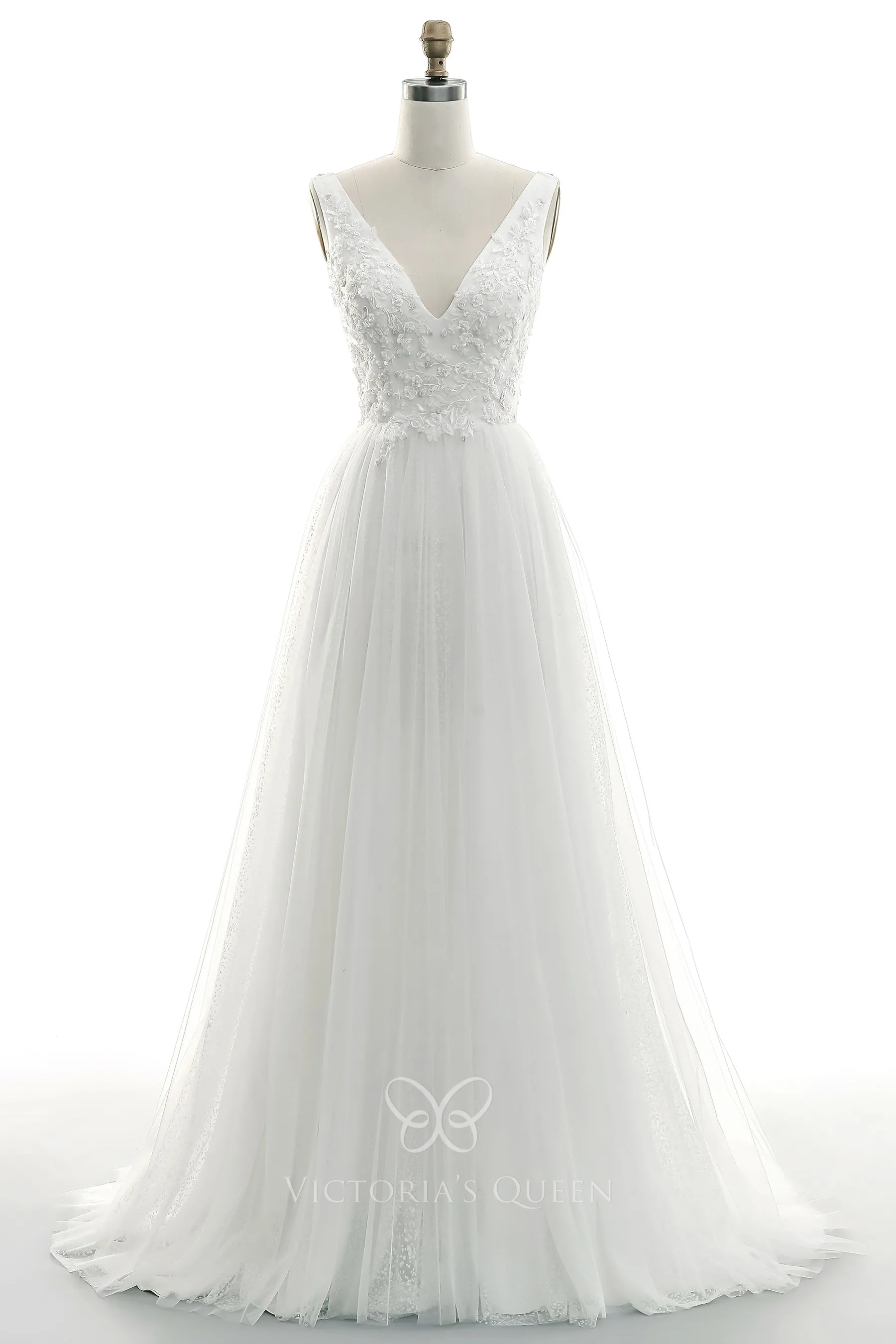 Romantic Deep V-neck Beaded Lace & Tulle Long Bridal Dress - VQ