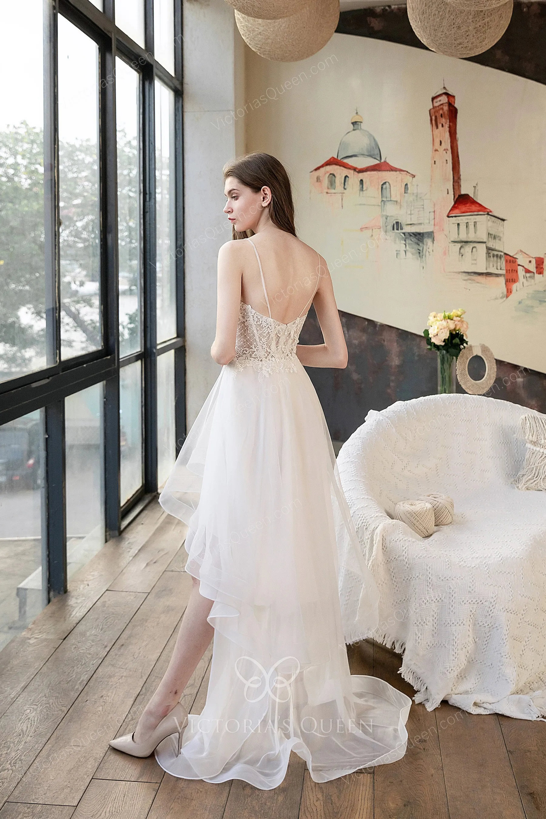 Sweetheart Neck Lace and Tulle Highlow Beach Wedding Dress VQ