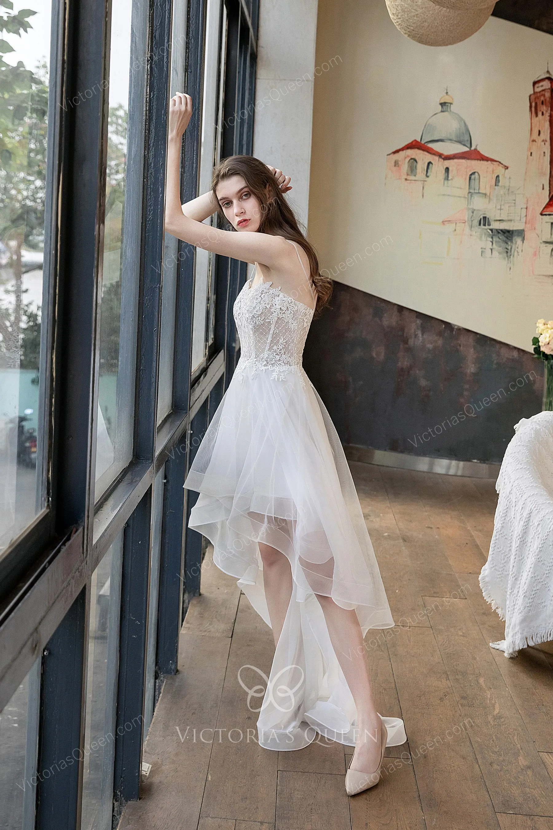 White Lace Tulle High Low Long Wedding Dress main image 1