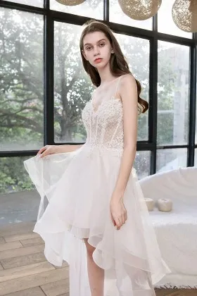 sweetheart neck lace and tulle high low beach wedding dress