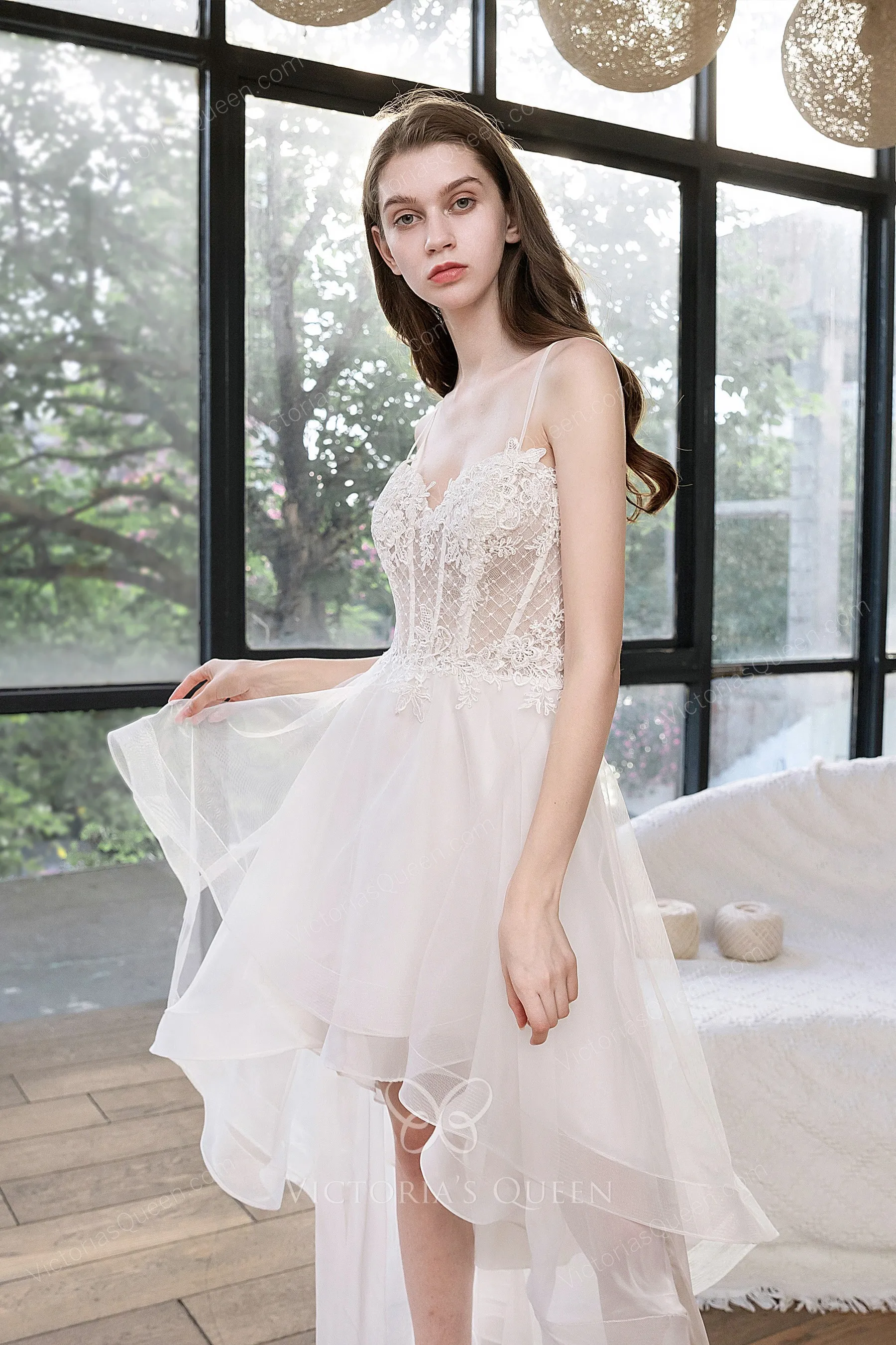 Sweetheart Neck Lace and Tulle Highlow Beach Wedding Dress VQ