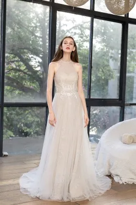 halter a line backless shiny sequin lace tulle bridal dress