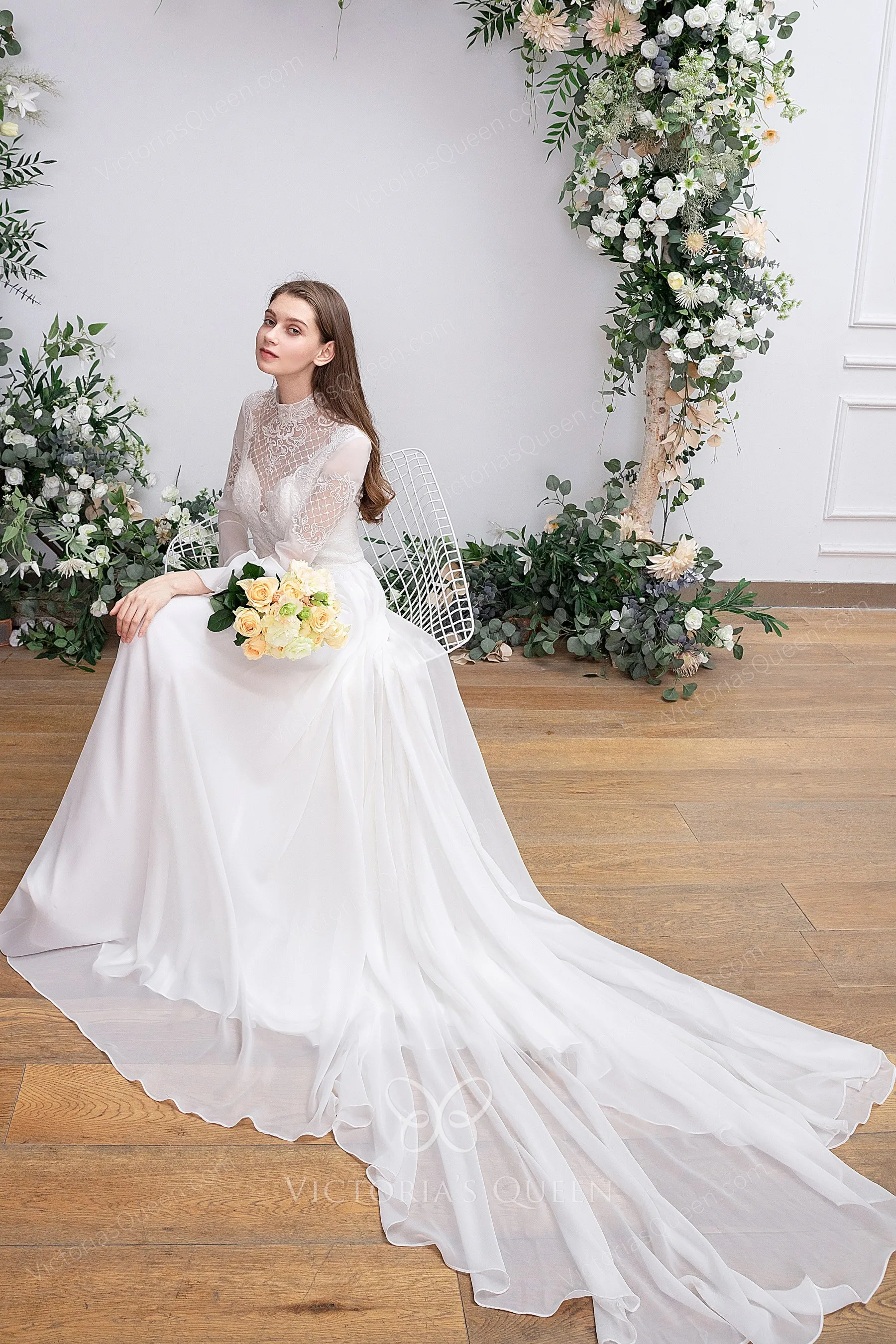 Full Length Chiffon Gowns with Illusion Neck Mist