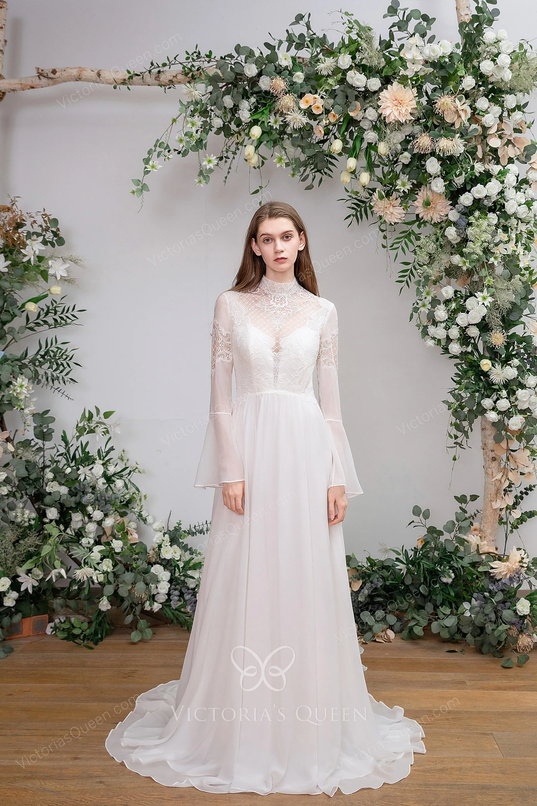 Illusion High Neck Chiffon Bridesmaid Gown Blue