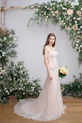 pink sweetheart lace tulle sheath boho bridal gown