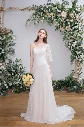 asymmetric one shoulder lace chiffon outdoor bridal dress