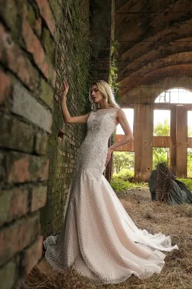nude pink glitter sequin lace appliqued mermaid modern bridal dress