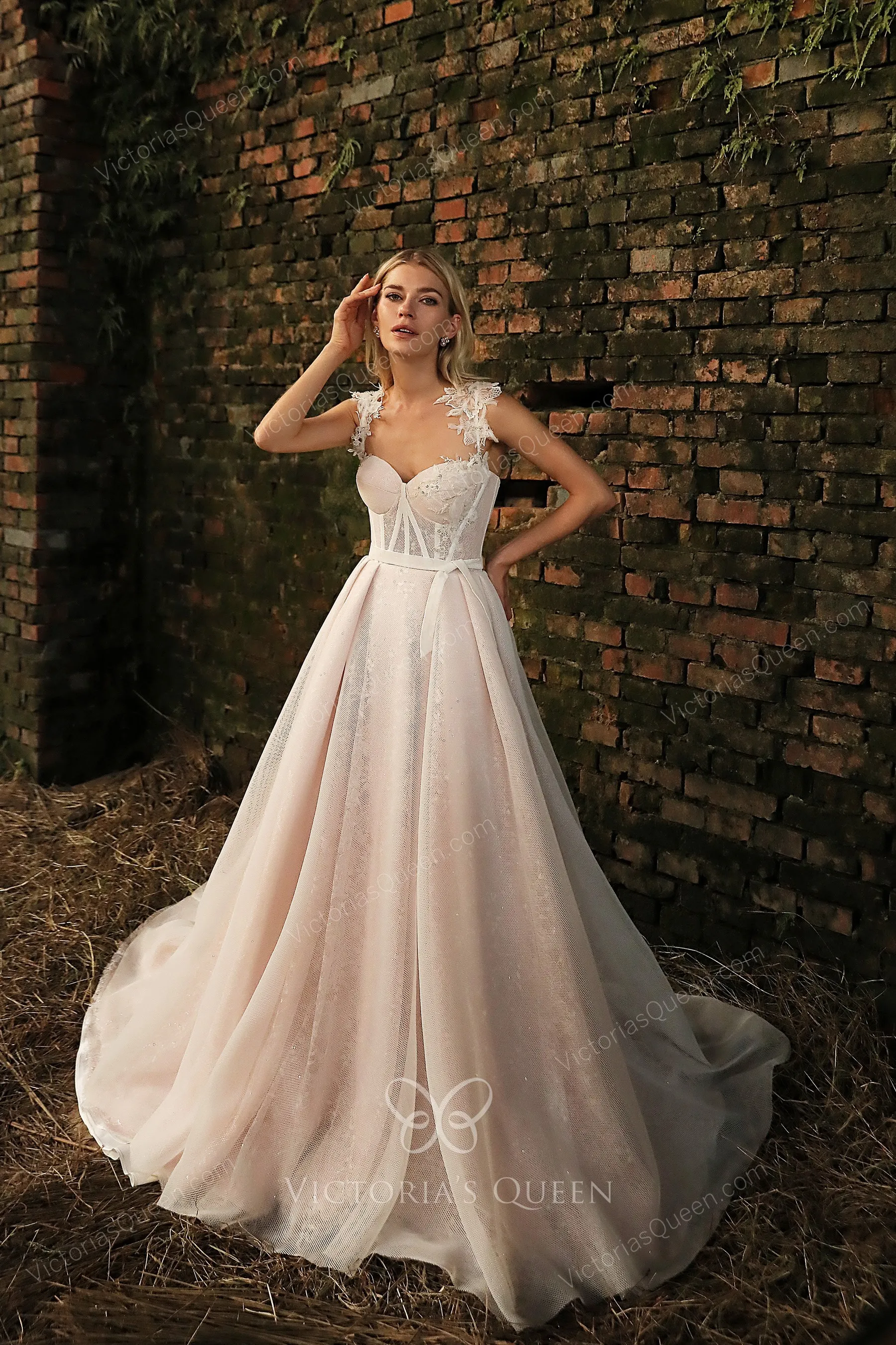 Romantic Lace Applique Strap Corset A-line Pink Bridal Gown - VQ