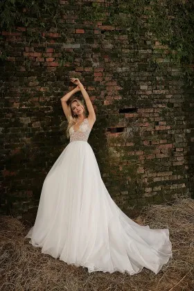 sexy illusion neck beaded lace organza spring bridal dress