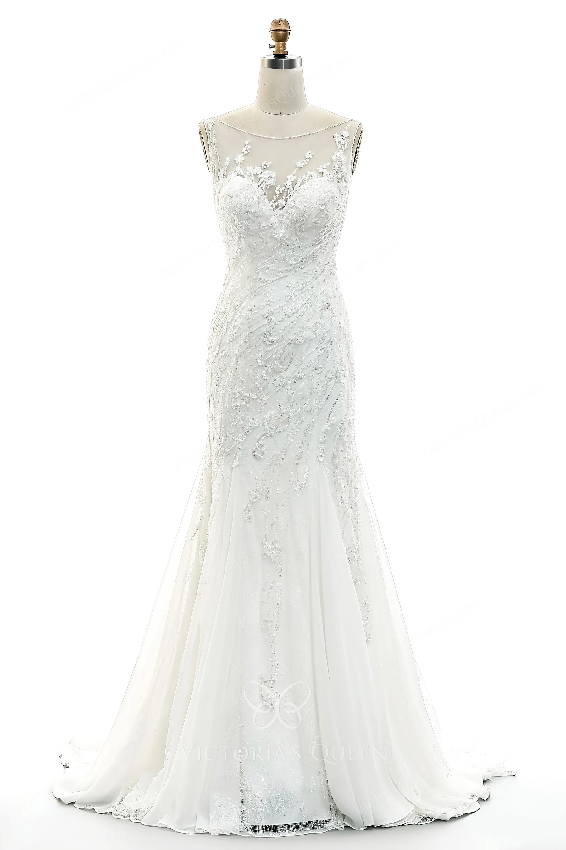 Illusion Neck Long Chiffon Dresses with Beaded Daffodil