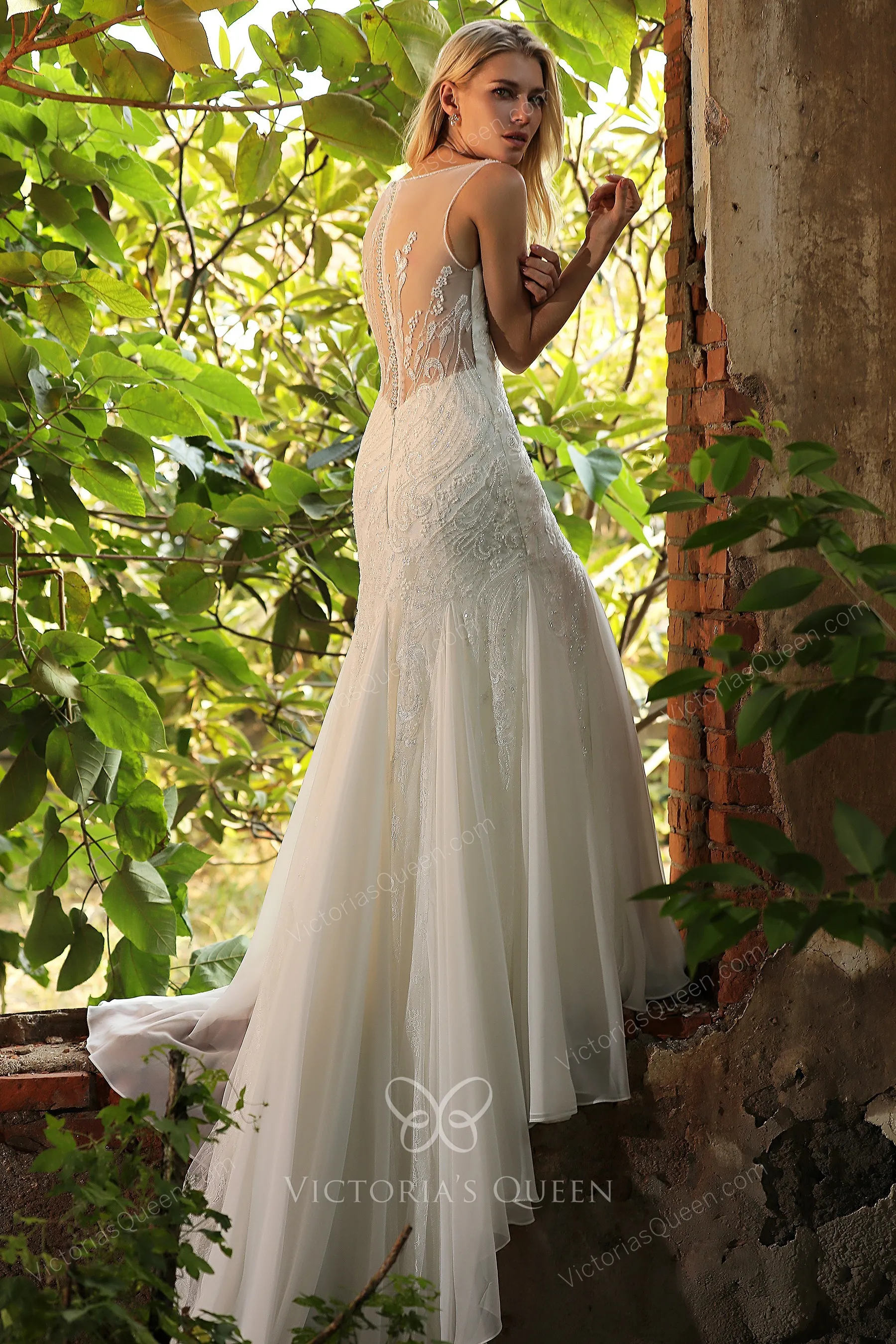 Illusion Neck Long Chiffon Dresses with Beaded Champagne main image 0