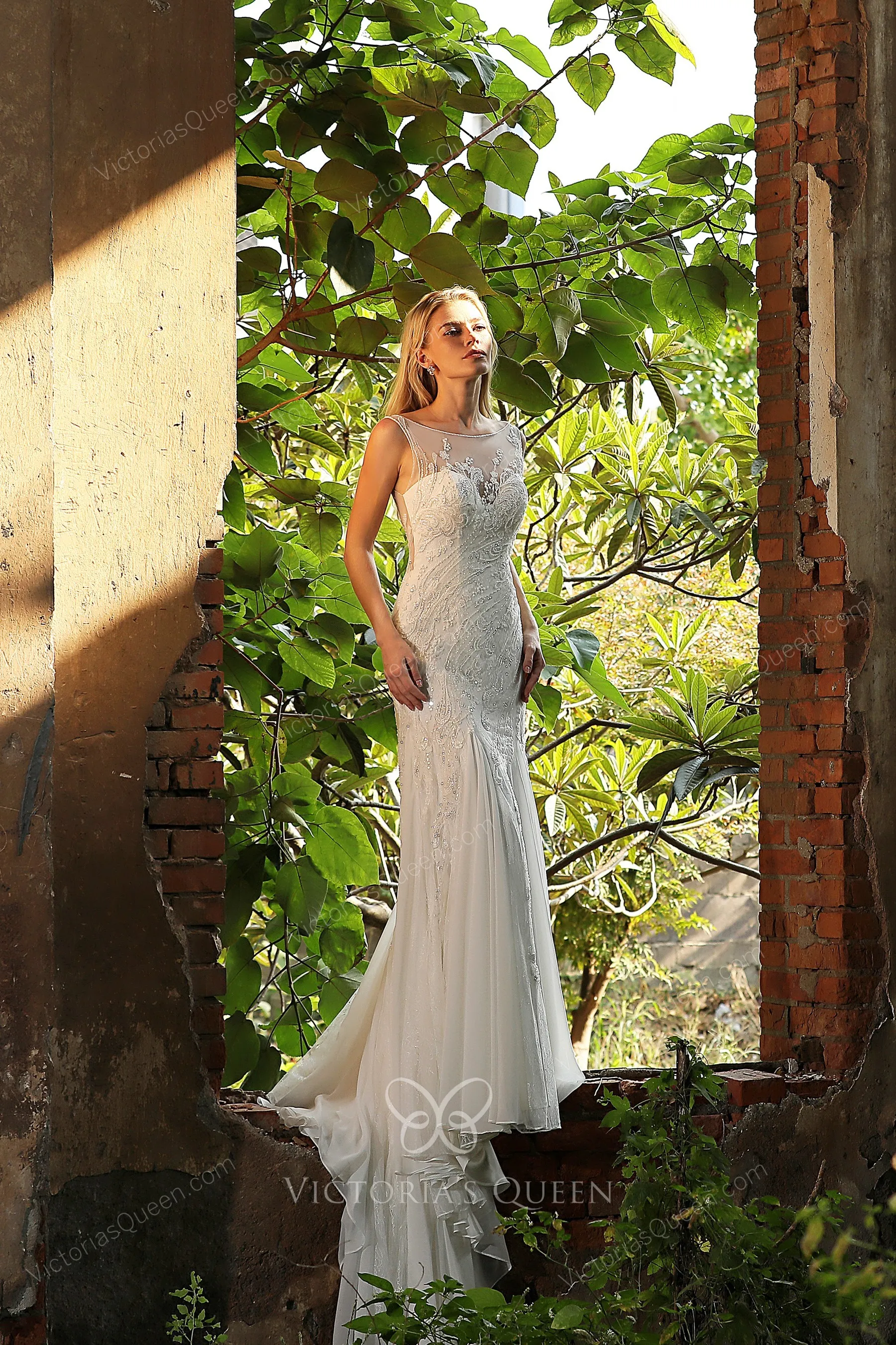 Illusion Neck Long Chiffon Dresses with Beaded Terracotta
