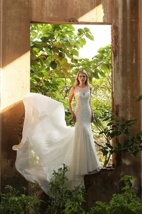 illusion neck beaded lace chiffon destination wedding gown