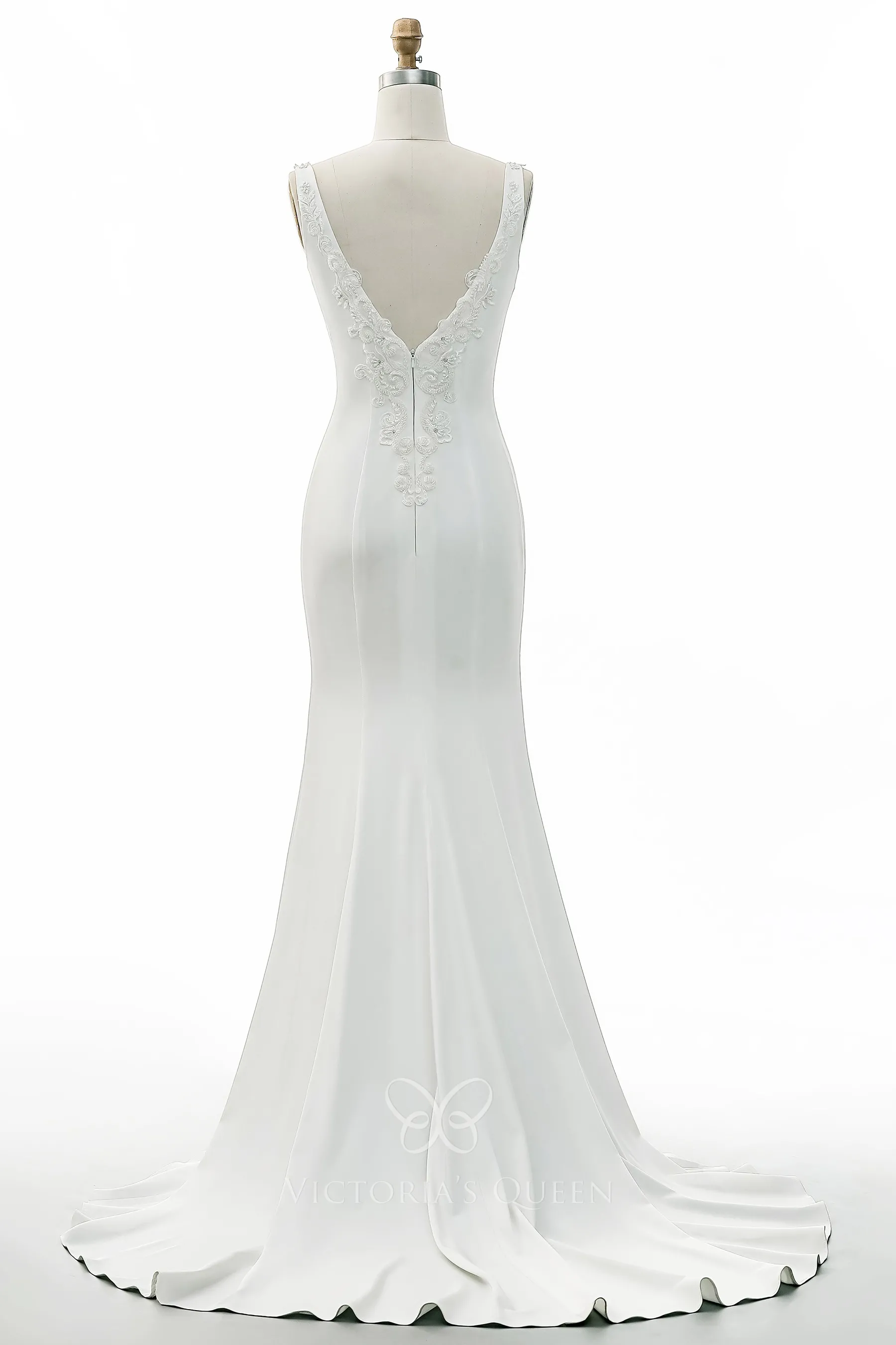 Minimalist Beaded Lace & Satin VNeck High Slit Wedding Gown VQ