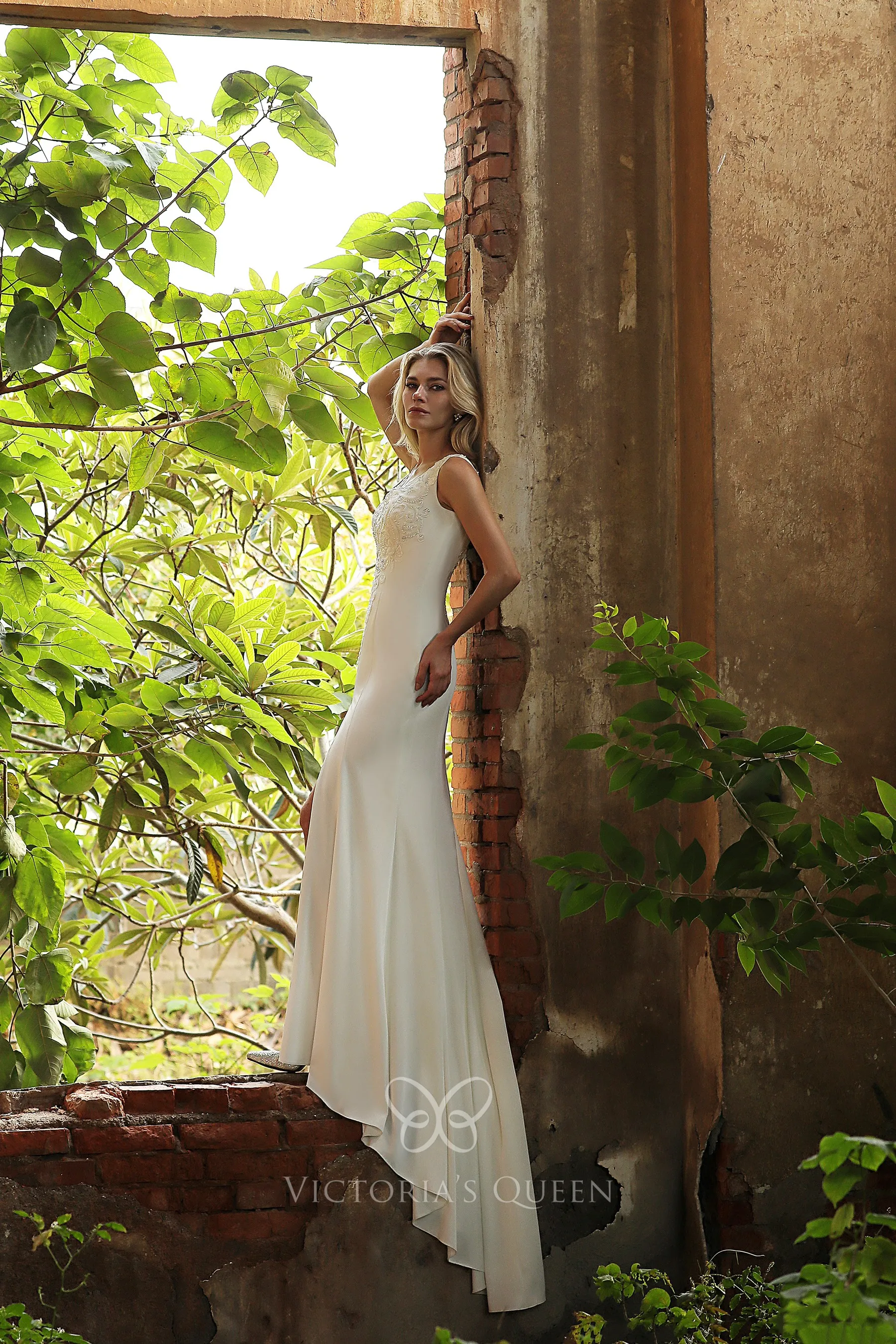 Beading A Line Satin V Neck Wedding Dress With Slit main image 1