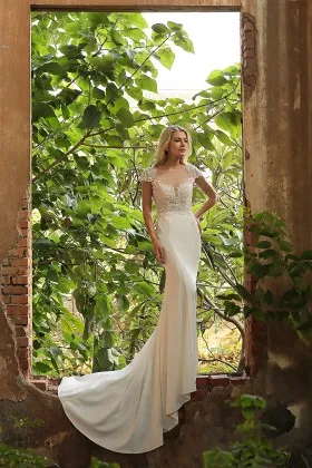 beaded lace satin cap sleeve mermaid modern bridal dress
